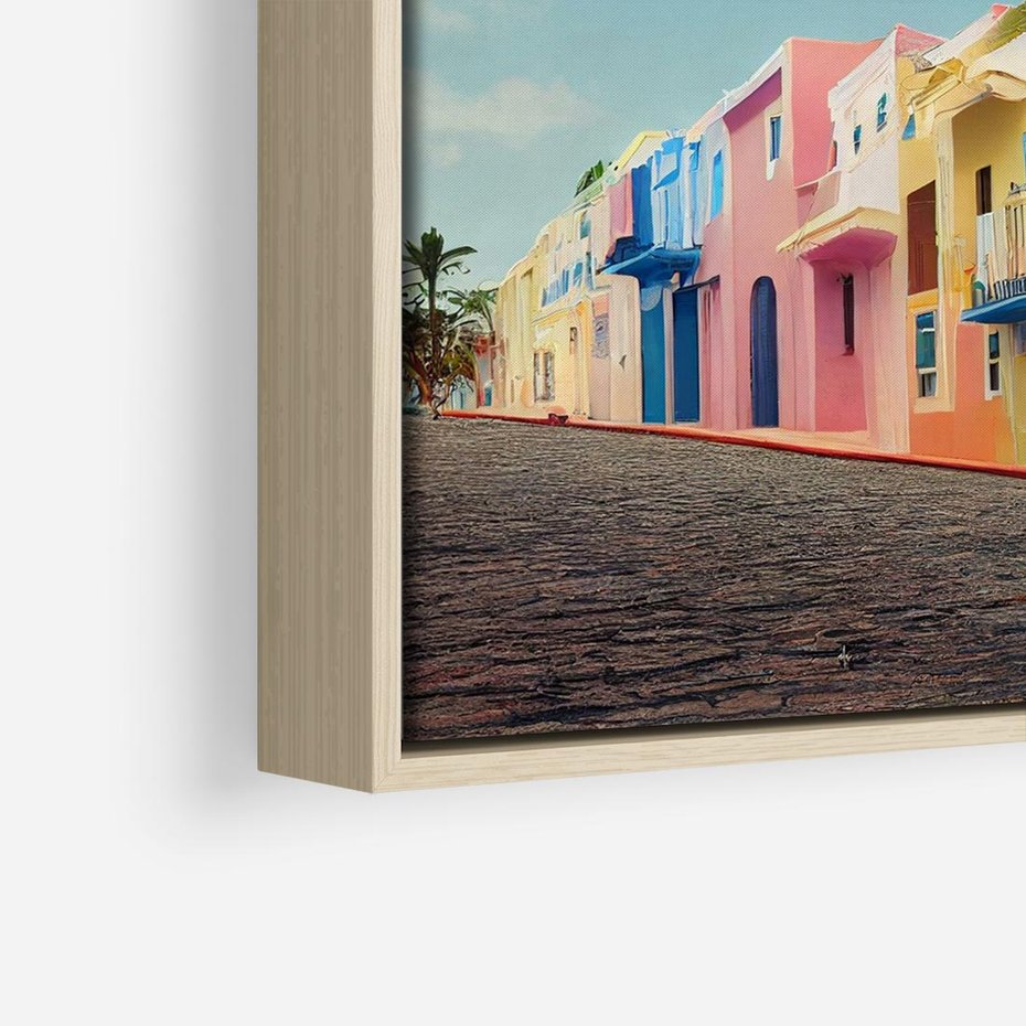 Obraz w ramie 80x80 - Ekspresja marzeń i tęsknot - pastelowe kolorowe budynki, wzdłuż ulicy - rama drewno