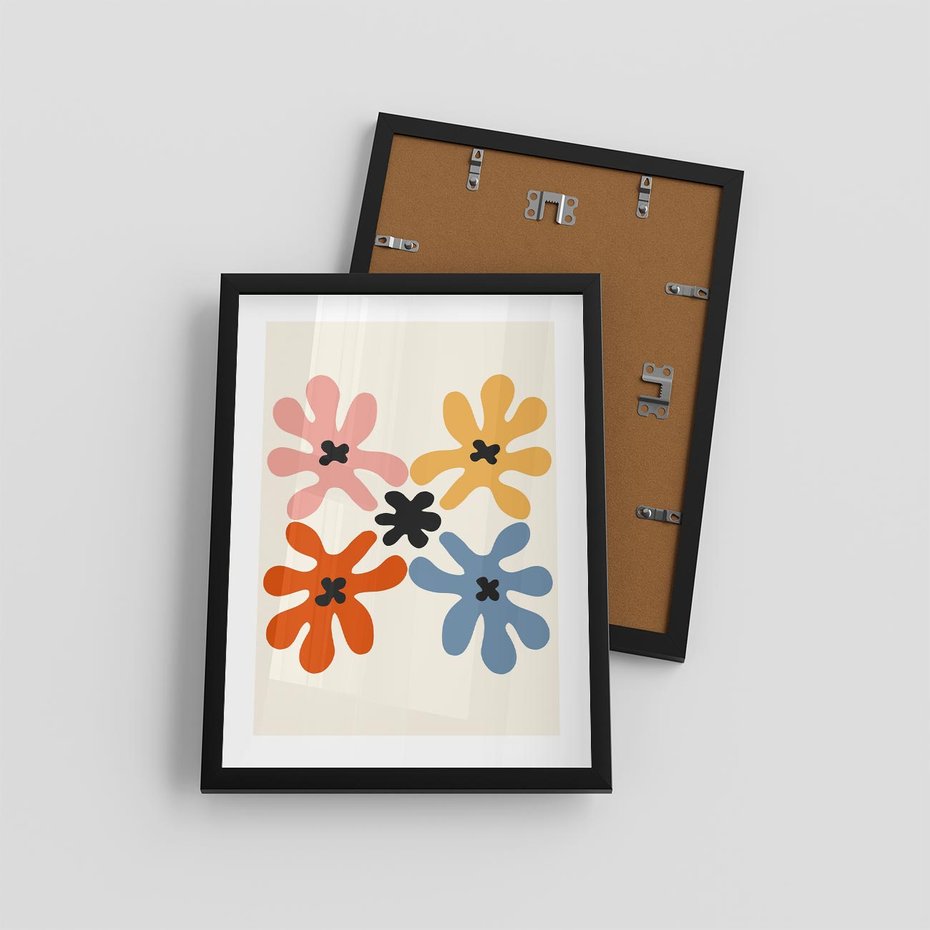 Plakat w ramie 30x40 - Taniec Akwareli - abstrakcyjne wielokolorowe kwiaty, minimalizm - rama czarna