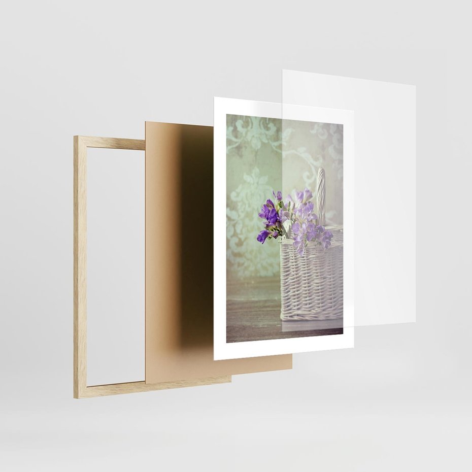 Plakat w ramie 30x40 - Kwiatowy koszyk - kwiaty, koszyk - rama drewno