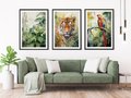 Zestaw obrazy w ramie 30x40 galeria - tropiki, liście, tygrys, papuga, dżungla - rama czarna