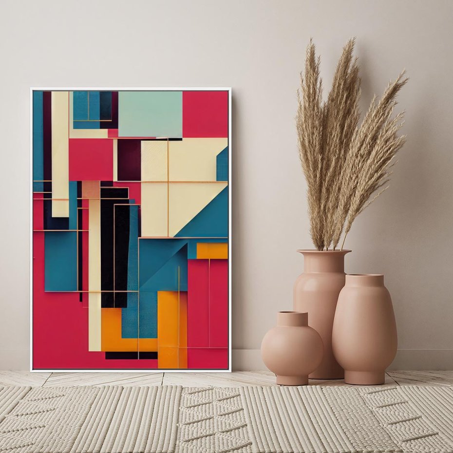 Obraz w ramie 80x120 - Przejście przez labirynt myśli - kolorowa abstrakcja, instalacja z prostokątów i lini - rama biała