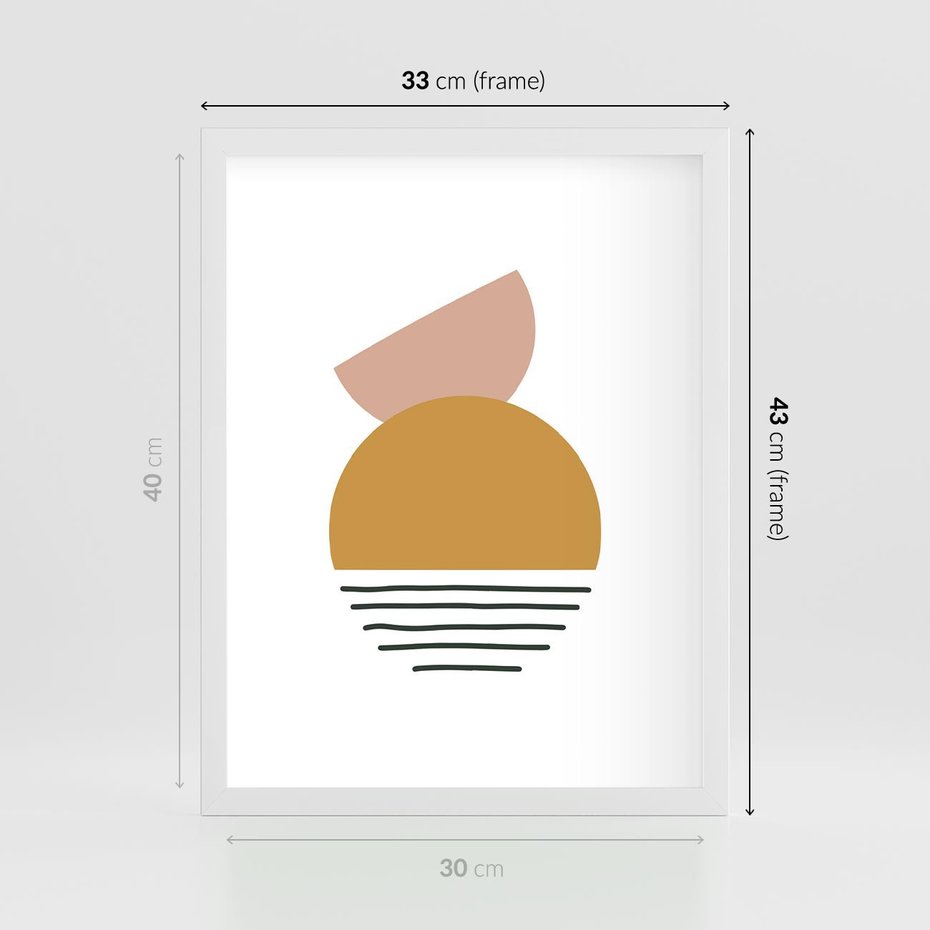 Plakat w ramie 30x40 - Kolory Przyszłości - kompozycja kół i kresek, ciepłe kolory - rama biała