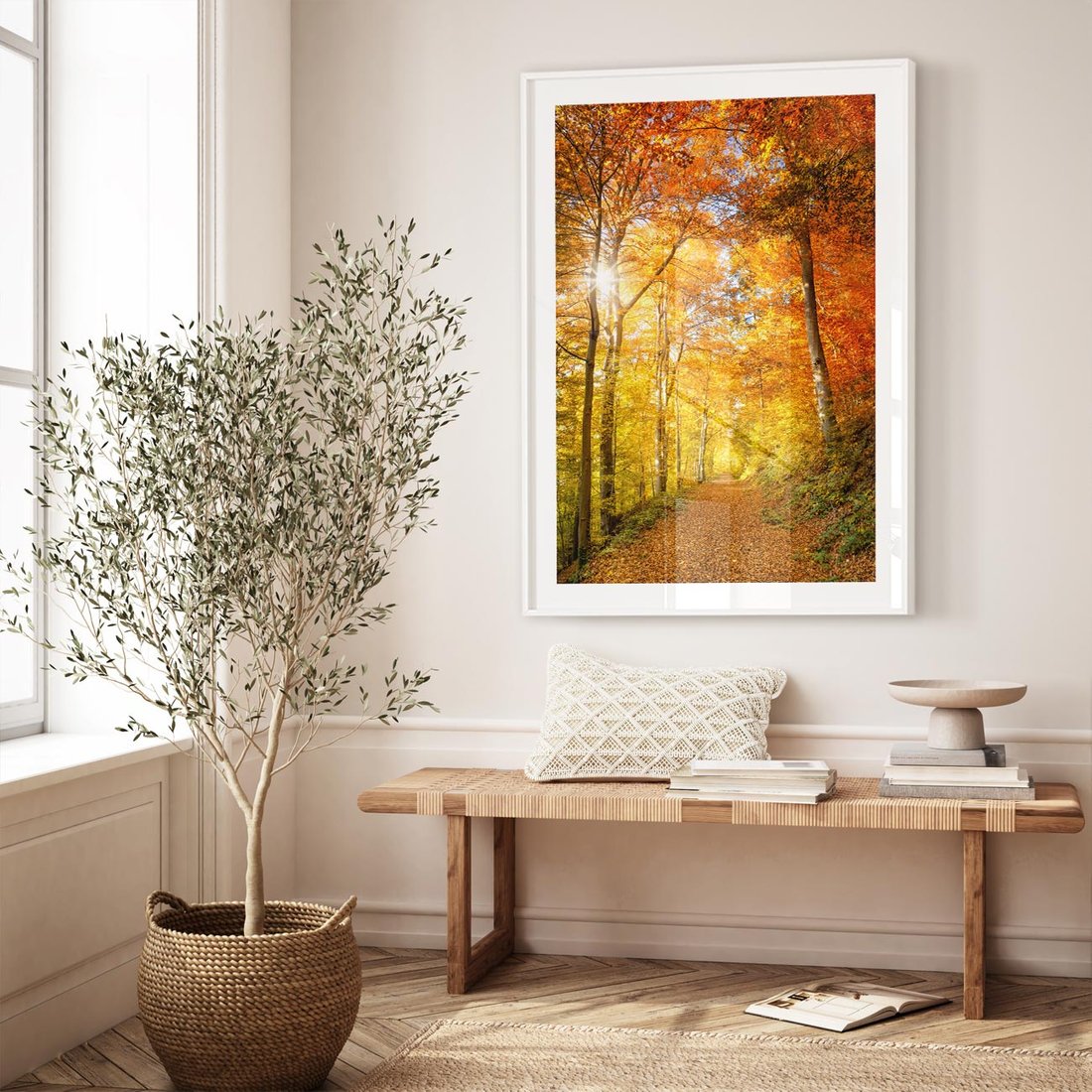 Plakat w ramie 30x40 - Złote barwy jesiennego lasu - las, jesień - rama biała