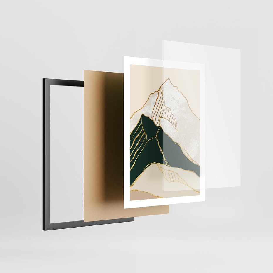 Plakat w ramie 50x70 - Minimalistyczne Góry: Złota Sztuka Natury - minimalistyczna grafika, góry - rama czarna