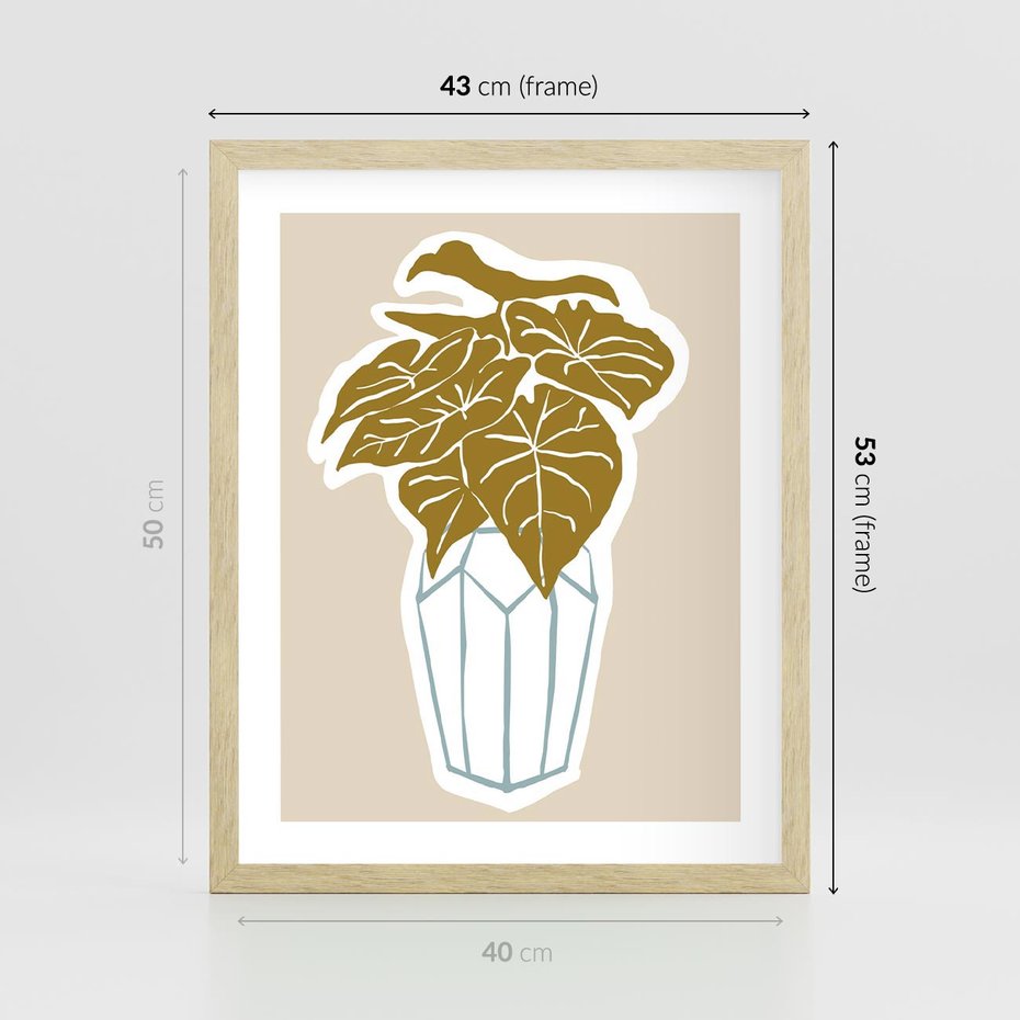 Plakat w ramie 40x50 - Bezgraniczne Marzenia - nowoczesna kompozycja, liście monstery w wazonie - rama drewno