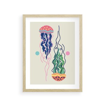 Plakat w ramie 50x70 - Morskie Pulsacje - nowoczesny optymistyczny plakat, kolorowe meduzy - rama drewno