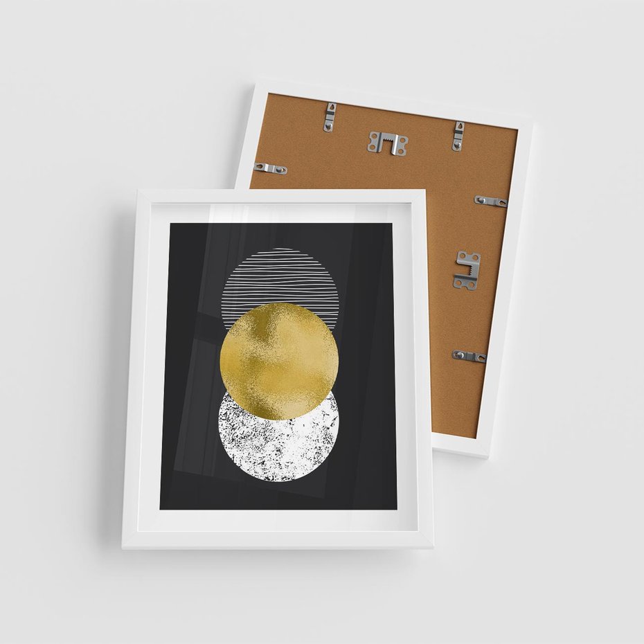 Plakat w ramie 40x50 - Geometryczna Perfekcja: Złote Koło - geometryczna grafika, złote koło - rama biała