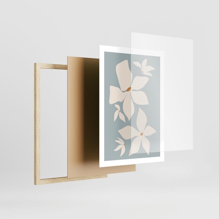 Plakat w ramie 50x70 - Błękit Kwiatów - kwiaty, nowoczesne i minimalistyczne - rama drewno