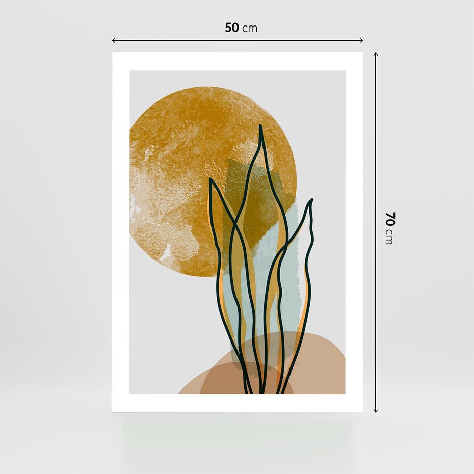 Plakat bez ramy 50x70 - Światło Natury: Graficzne Liście i Złote Słońce - grafika, graficzne liście