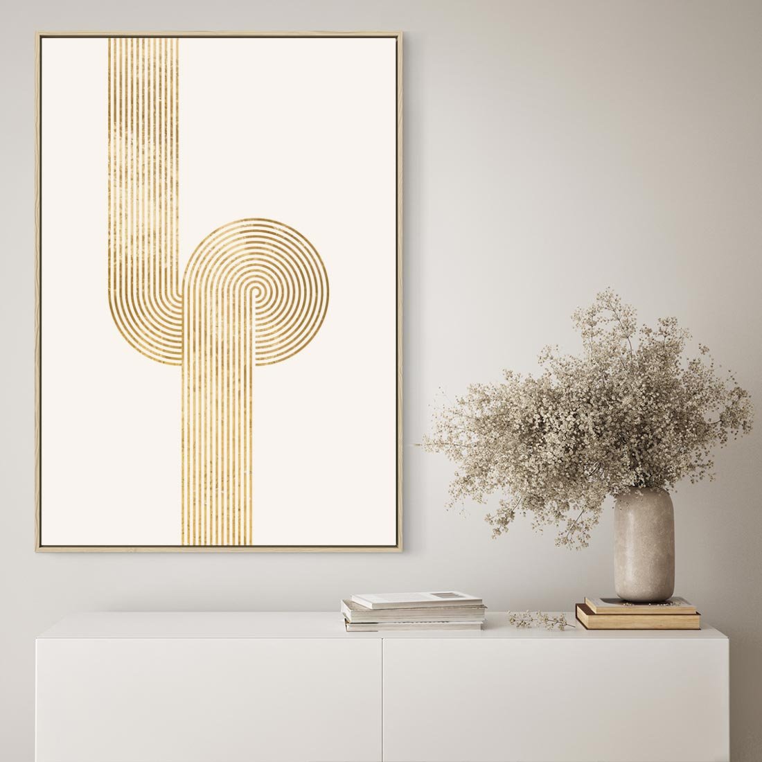 Obraz w ramie 50x70 - Podróżne Kształty - geometryczne linie w złotym kolorze, minimalizm - rama drewno