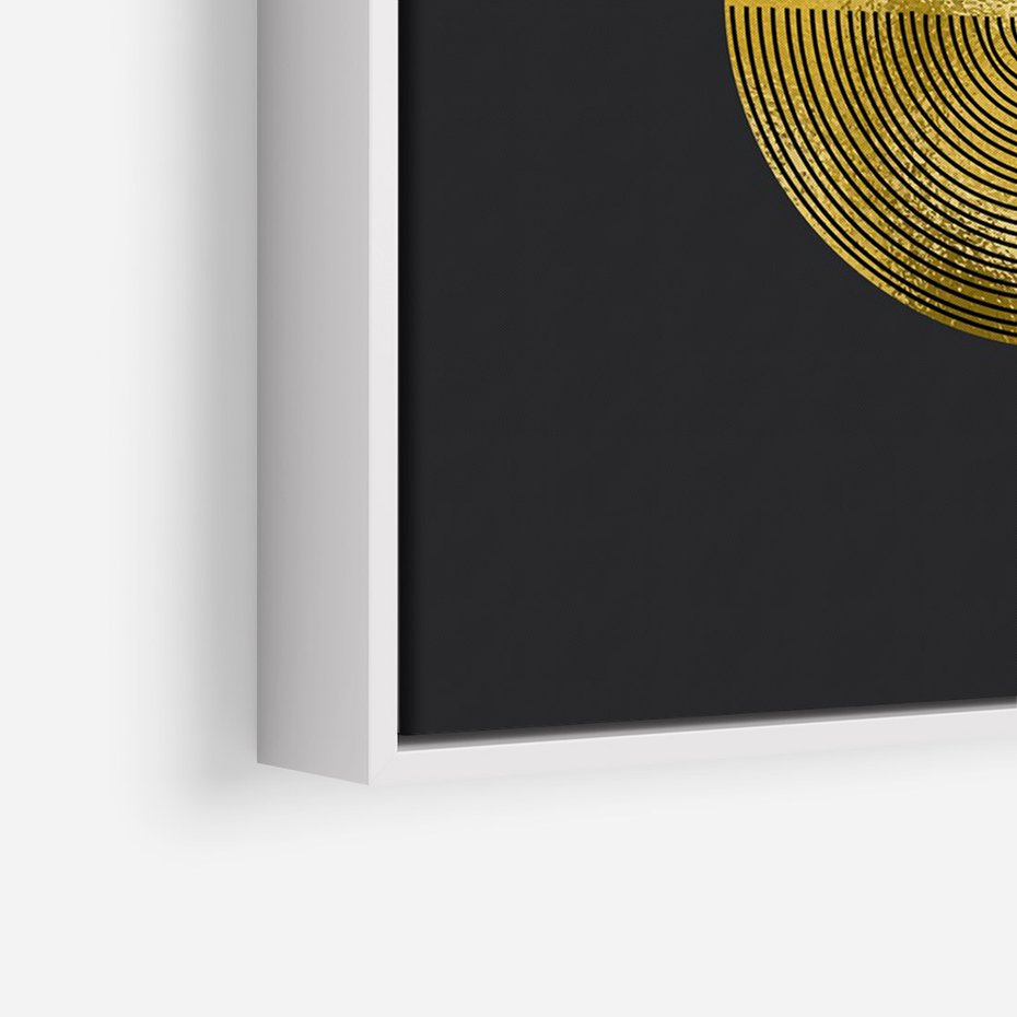 Obraz w ramie 70x100 - Migotliwe Przeniknięcia - złote koła, czarne tło - rama biała