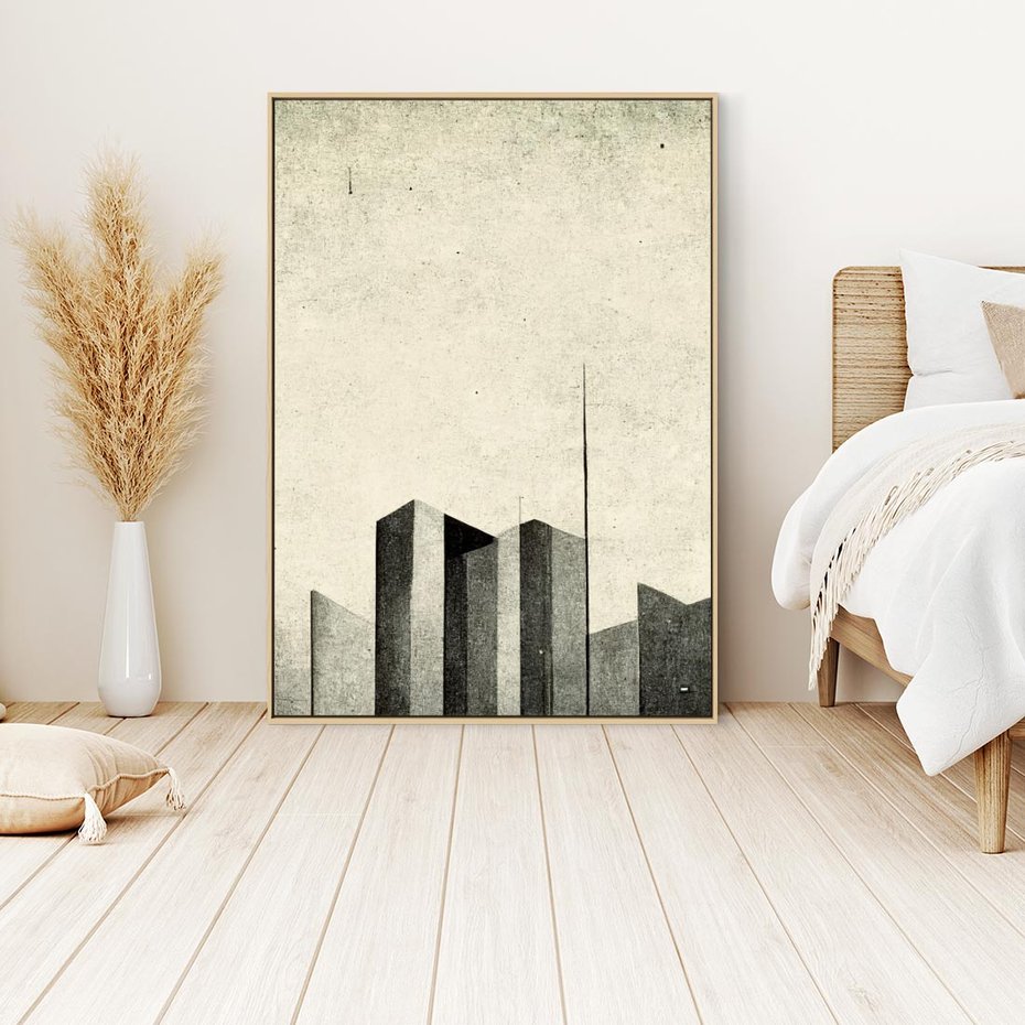 Obraz w ramie 80x120 - Mroczne Wieżowce - postarzana grafika, perspektywa budynków wieżowców - rama drewno