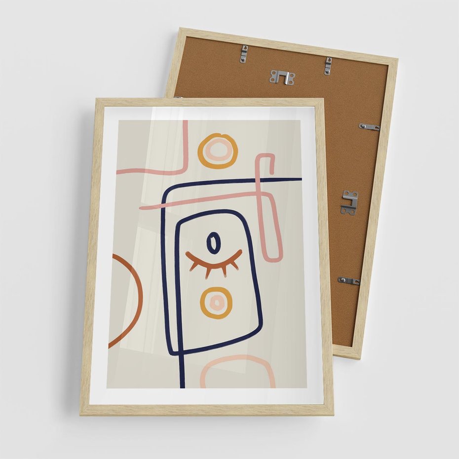 Plakat w ramie 50x70 - Manifestacje Dziwności - abstrakcja w stylu picasso, beżowe tło - rama drewno