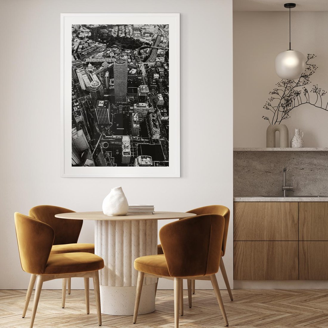 Plakat w ramie 50x70 - Kontrastujące miasto - miasto, biało - rama biała