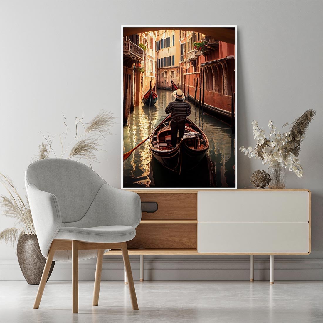 Obraz w ramie 70x100 - Spokojna Wenecja - gondolier w gondoli, kanały Wenecji - rama biała