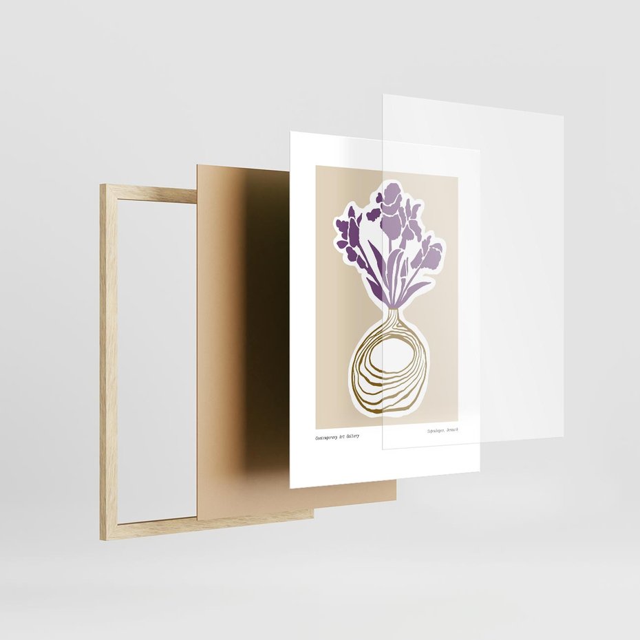 Plakat w ramie 30x40 - Migocące Anomalie - abstrakcyjne liście, kwiaty tropikalne w wazonie - rama drewno