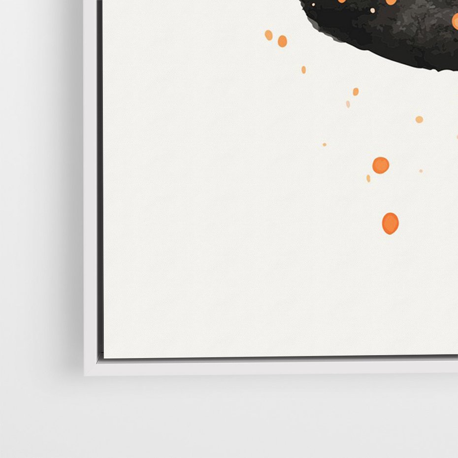 Obraz w ramie 50x70 - Impulsy Kreatywności - abstrakcyjna czarna plama, rozsiane pomarańczowe kropki - rama biała