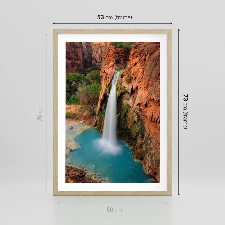 Plakat w ramie 50x70 - Wodospad wśród majestatycznych gór - wodospad, górski - rama drewno