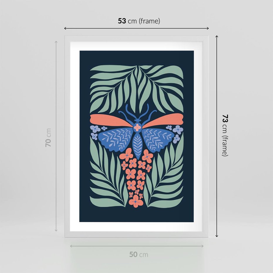 Plakat w ramie 50x70 - Granatowa Noc - granatowe tło, abstrajcyjna ćma - rama biała