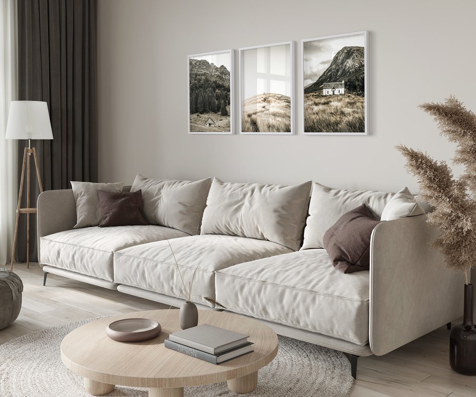 Zestaw obrazy w ramie 40x50 galeria - Górskie, domki, łąki, sepia - rama biała