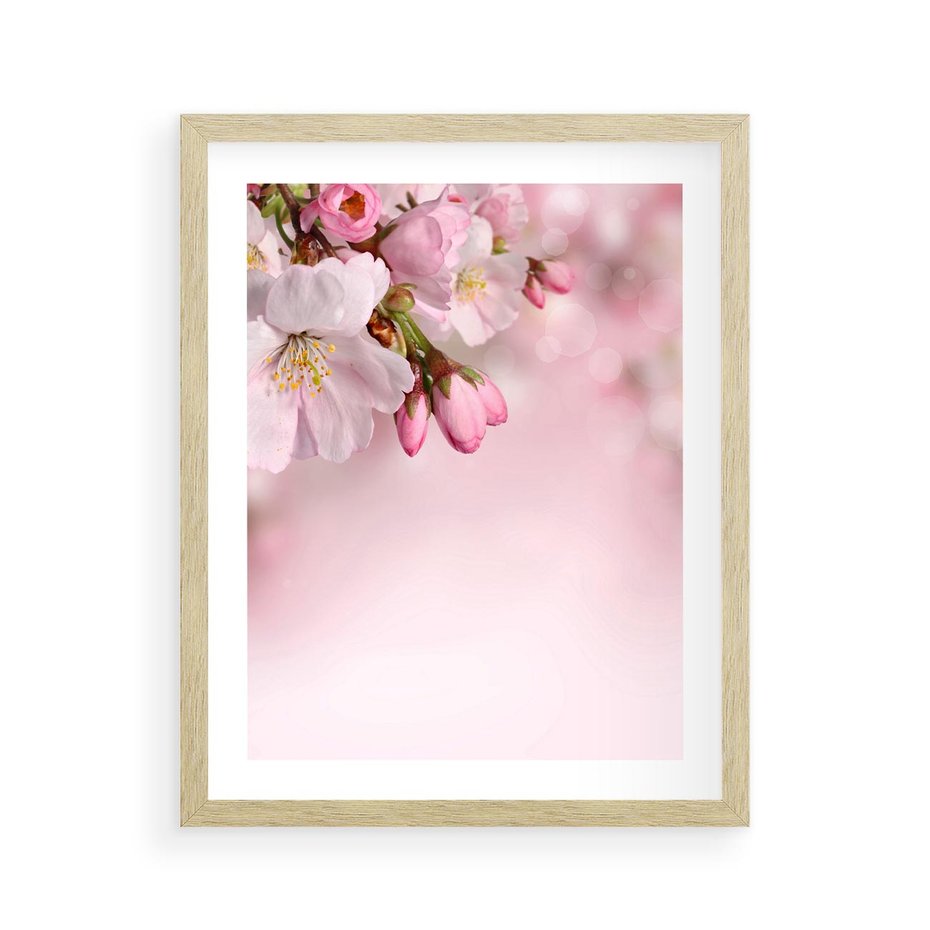 Plakat w ramie 40x50 - Kwitnąca wiśnia: delikatność natury - kwitnąca, wiśnia - rama drewno