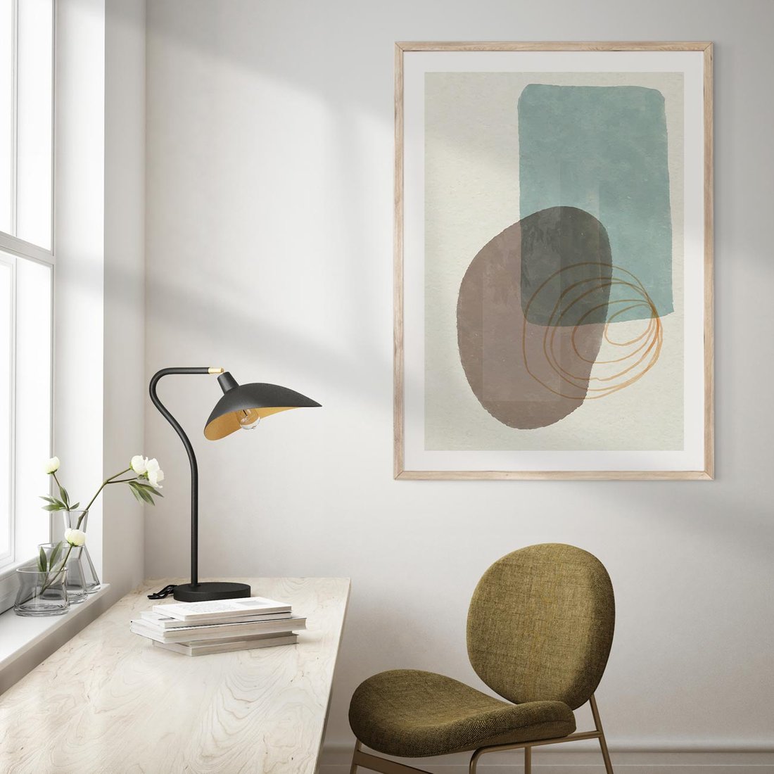 Plakat w ramie 30x40 - Rozkwitające Formy - geometryczne elementy, stonowane ziemiste kolory - rama drewno