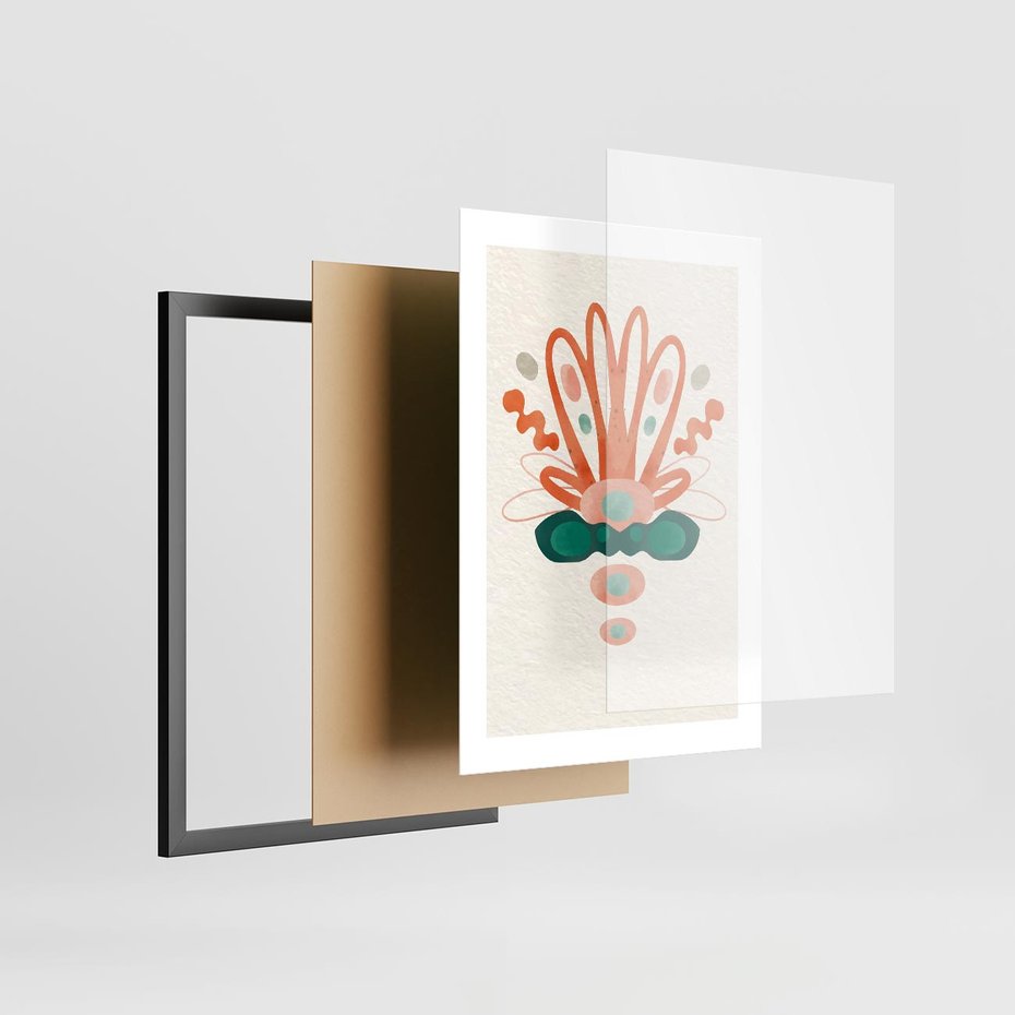 Plakat w ramie 30x40 - Harmonia Nienormalności - akwarelowe abstrakcyjne kształty, zieleń i pomarańcz - rama czarna