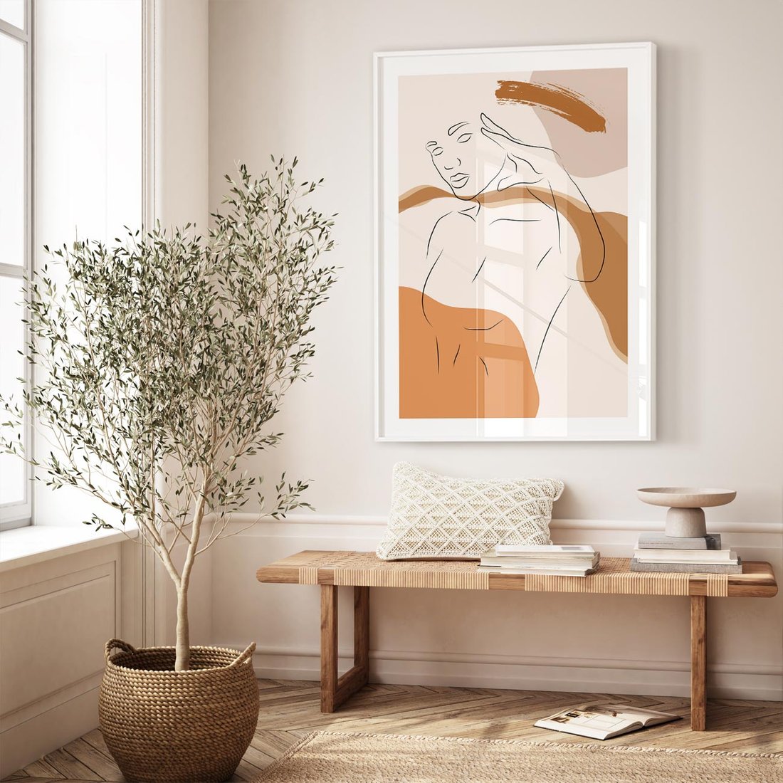 Plakat w ramie 40x50 - Sztuka Piękna w Beżach i Brązach - szkic jedną linią, naga kobieta - rama biała