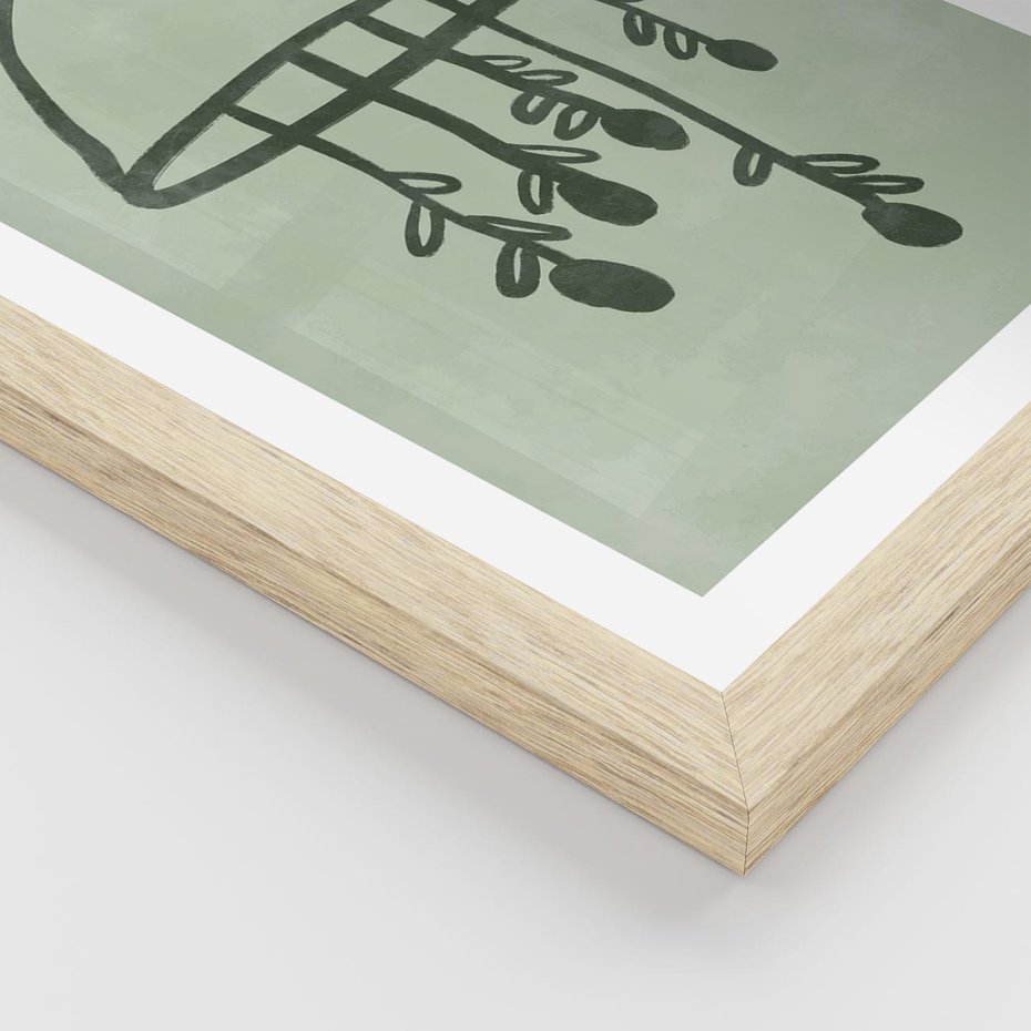 Plakat w ramie 30x40 - Zieleń Inspirującego Spokoju - plakat z abstrakcyjną zieloną lampą, skandynawski design - rama drewno