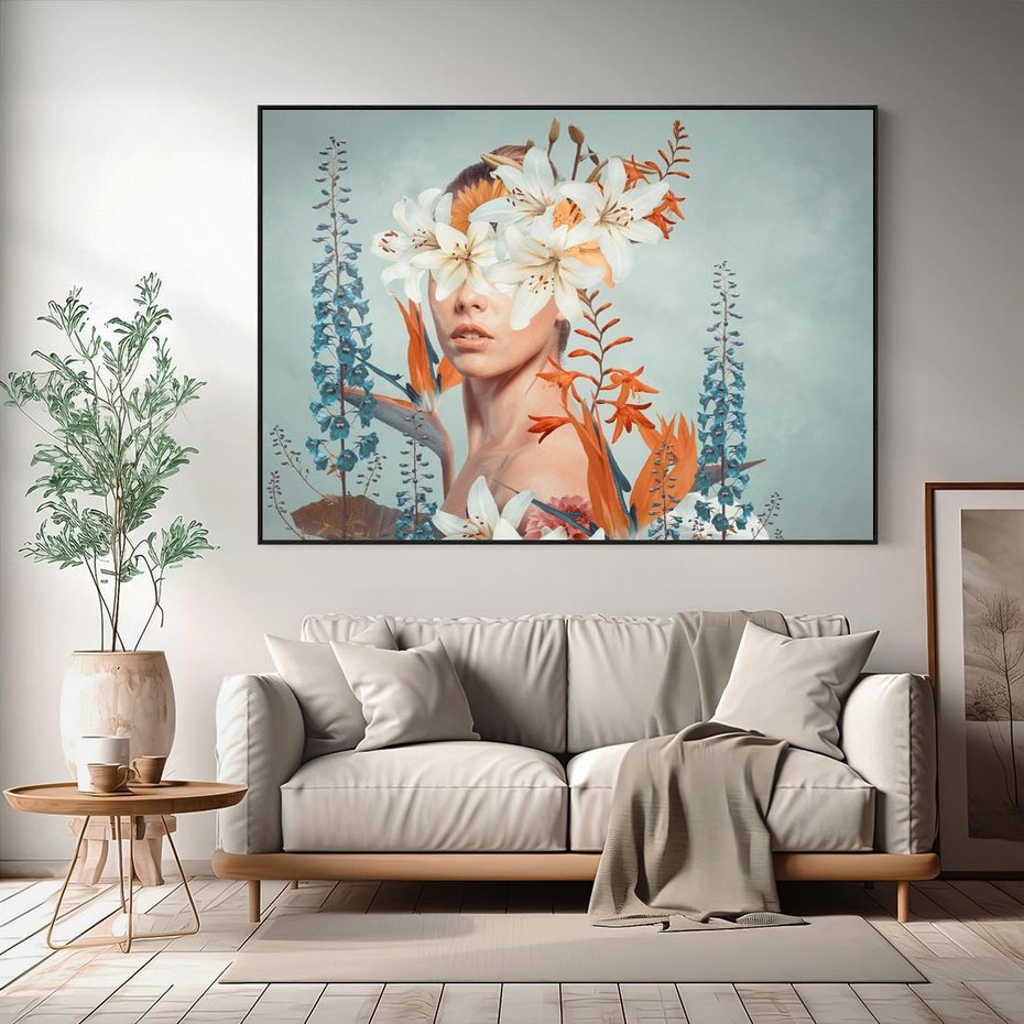 Obraz w ramie 100x70 - Kwiatowa Enklawa Uroku - kolaż, nierealna kompozycja - rama czarna