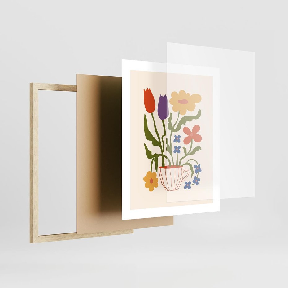 Plakat w ramie 40x50 - Kolorowe Granice - kwiaty w filizance, abstrakcja - rama drewno