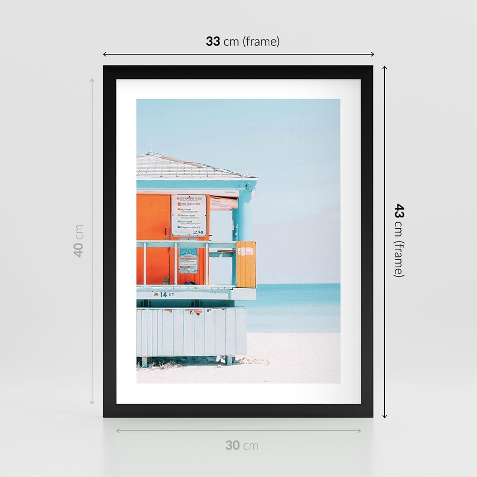 Plakat w ramie 30x40 - Letnia Idylla - plaża, domek na plaży - rama czarna