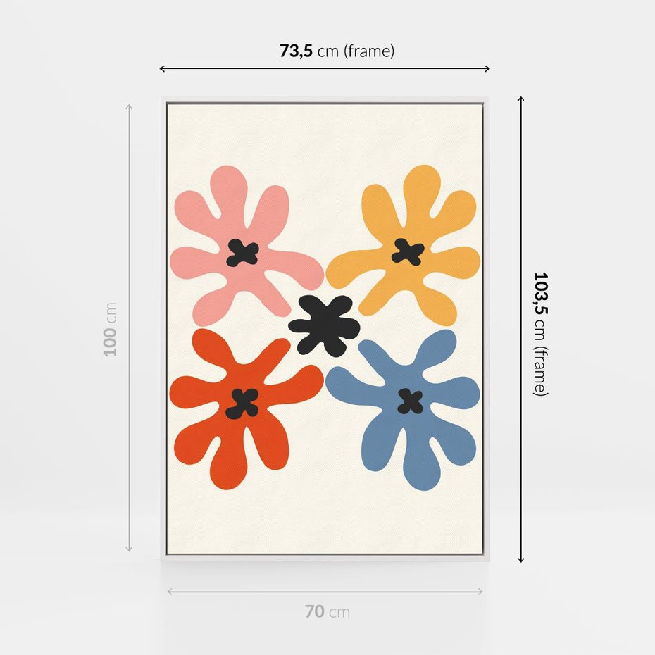 Obraz w ramie 70x100 - Taniec Akwareli - abstrakcyjne wielokolorowe kwiaty, minimalizm - rama biała