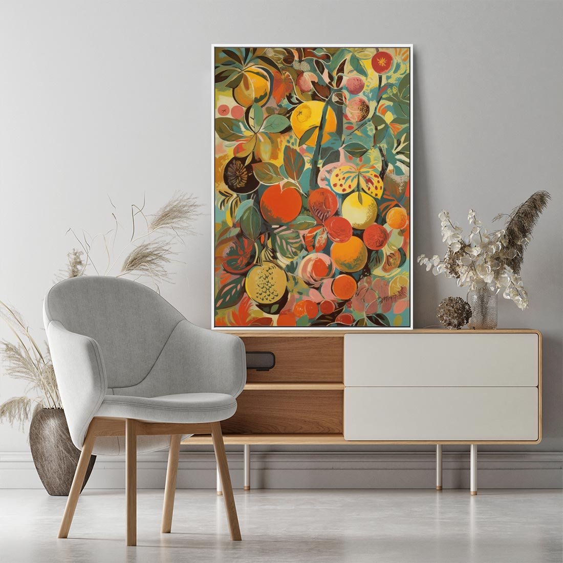 Obraz w ramie 50x70 - Księga Surrealnych Wyobrażeń - abstrakcyjny obraz owoców, jak picasso - rama biała