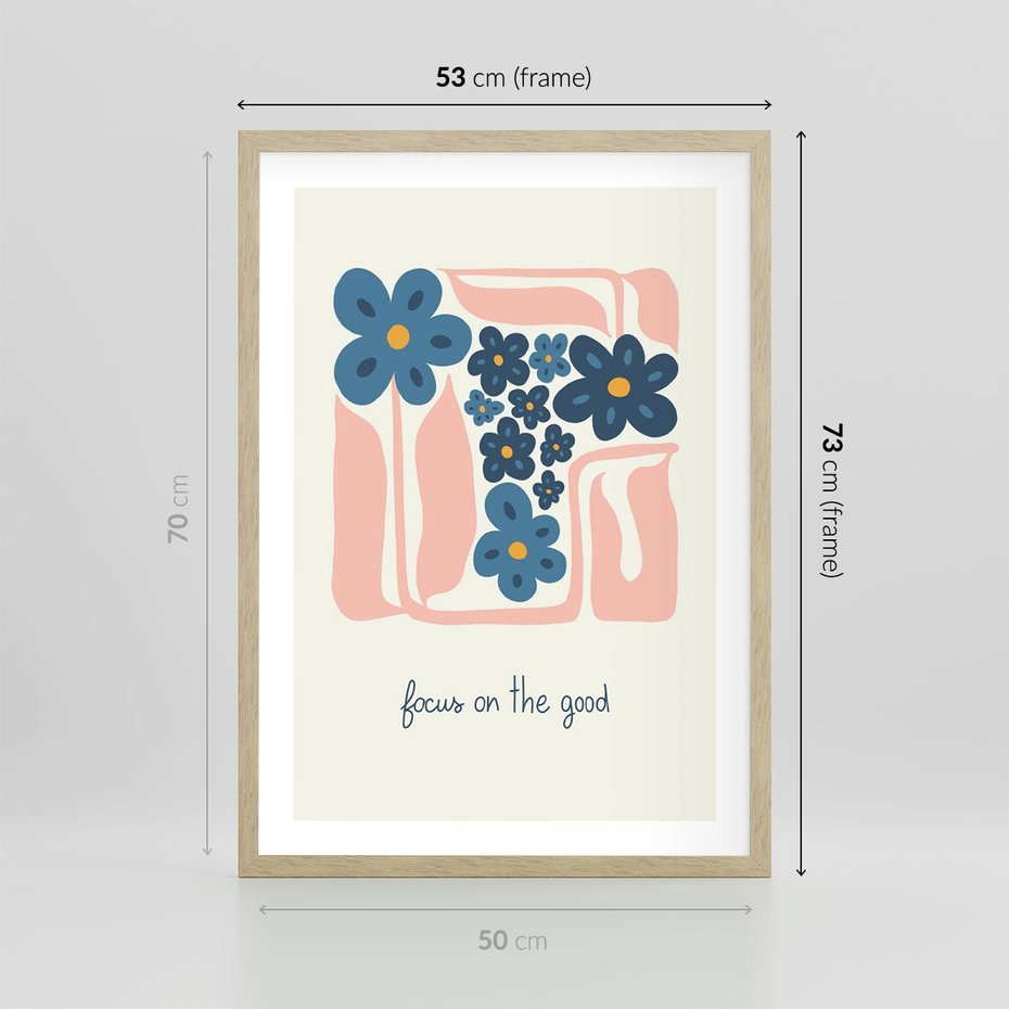Plakat w ramie 50x70 - Linie kwiatowych marzeń - minimalistyczna kwiatowa kompozycja, pastelowe kolory - rama drewno