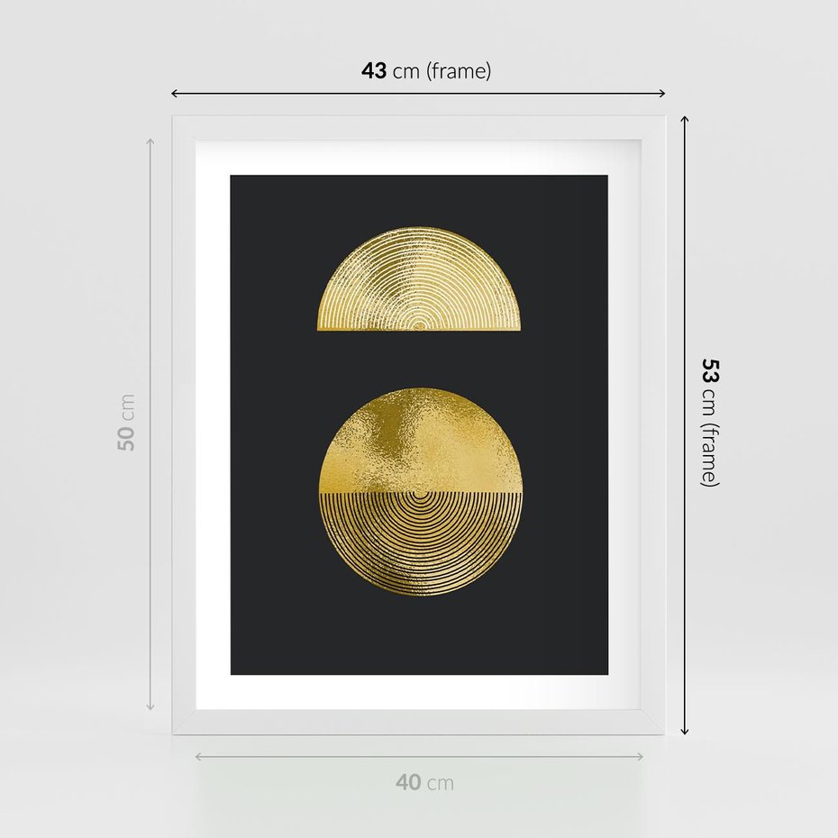 Plakat w ramie 40x50 - Migotliwe Przeniknięcia - złote koła, czarne tło - rama biała