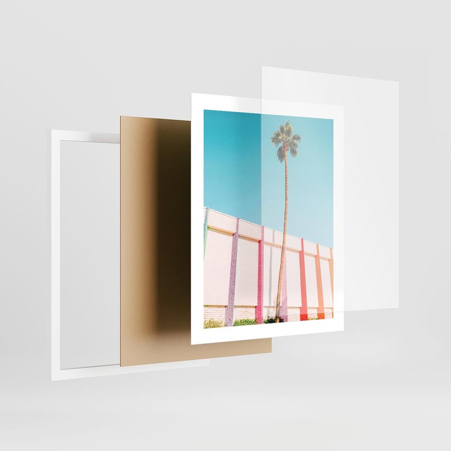 Plakat w ramie 40x50 - Tropikalny Kontrast - palma na tle błękitnego nieba, kolorowy mur - rama biała