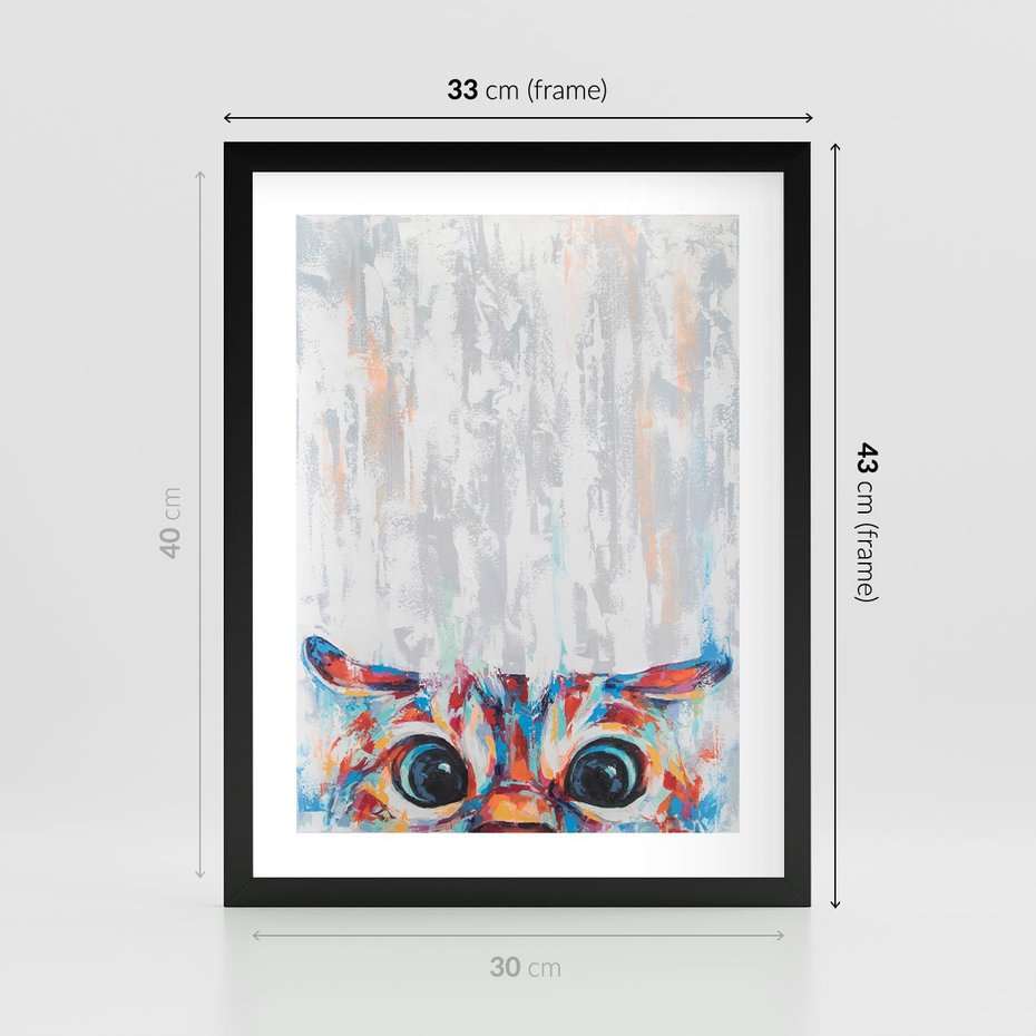 Plakat w ramie 30x40 - Co ja Widzę - obraz olejny, śmieszny obraz kota - rama czarna