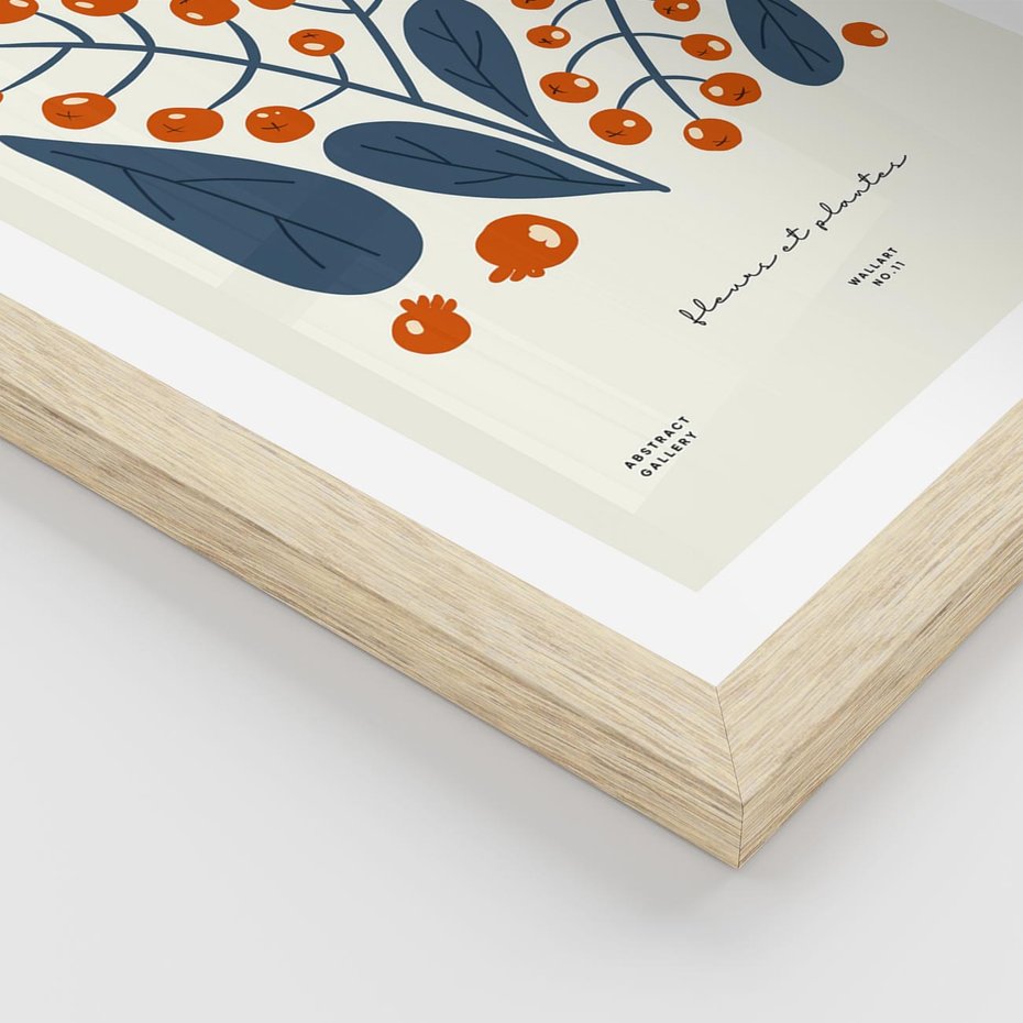 Plakat w ramie 40x50 - Minimalistyczna Uroda Jarzębin - jarzębiny, niebieskie liście - rama drewno