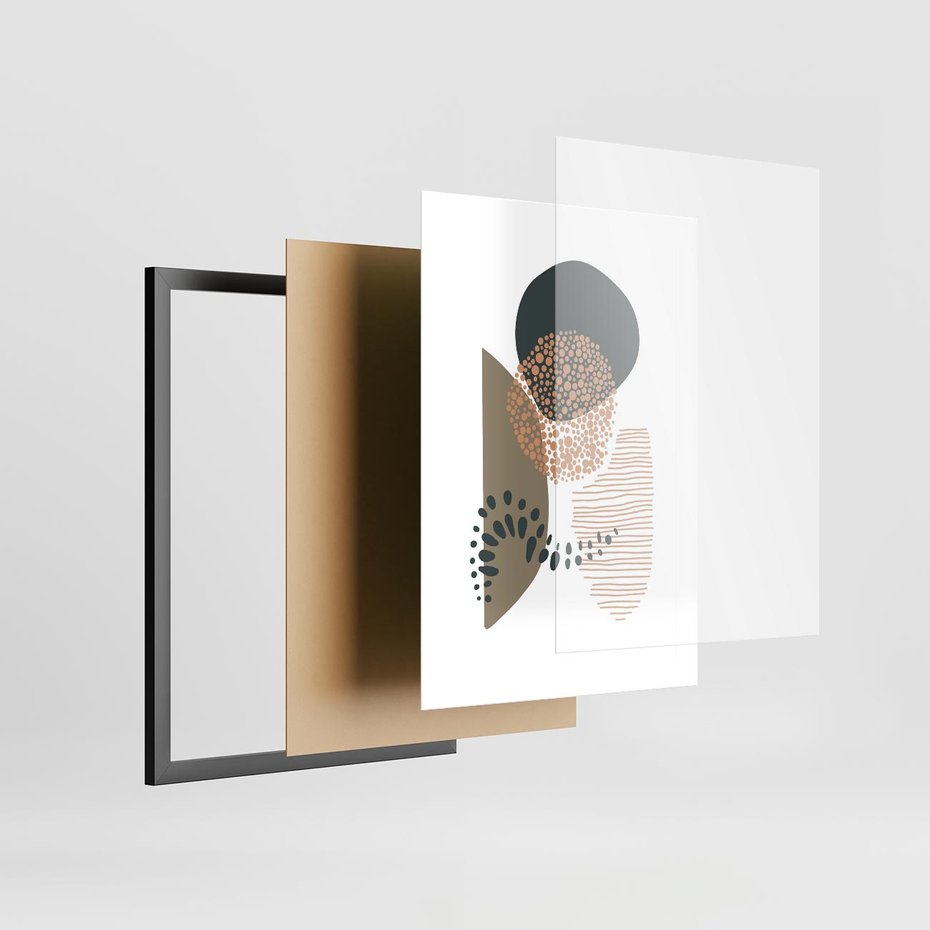 Plakat w ramie 30x40 - Harmonia Akwarelowych Przestrzeni - abstrakcyjna kompozycja z kropek kresek i kółek, odcienie brązu i beżu - rama czarna