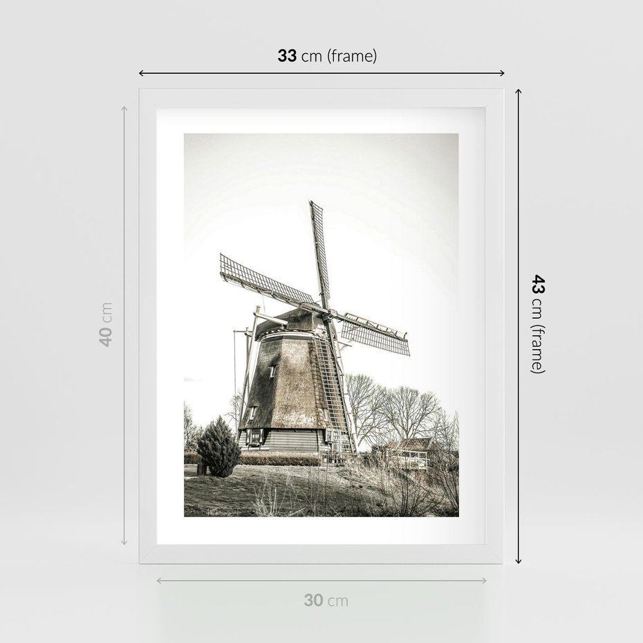 Plakat w ramie 30x40 - Wiejska Idylla z Młynem - wiatrak, młyn - rama biała