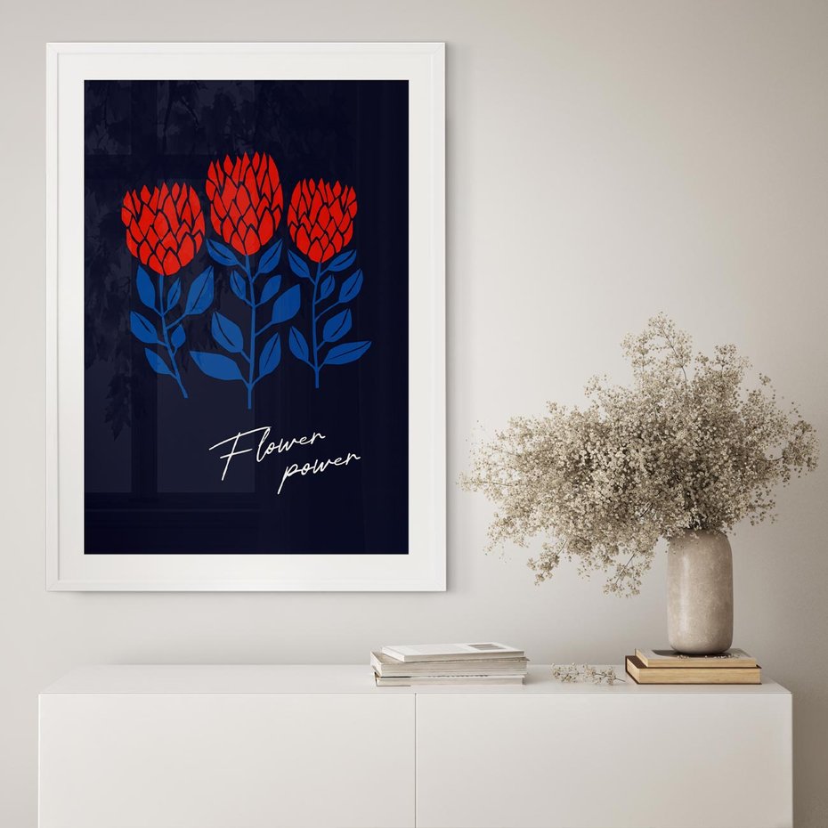 Plakat w ramie 30x40 - Podróżne Barwy - czerwone abstrakcyjne kwiaty, granatowe tło - rama biała