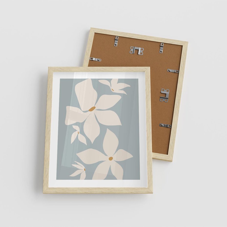 Plakat w ramie 40x50 - Błękit Kwiatów - kwiaty, nowoczesne i minimalistyczne - rama drewno
