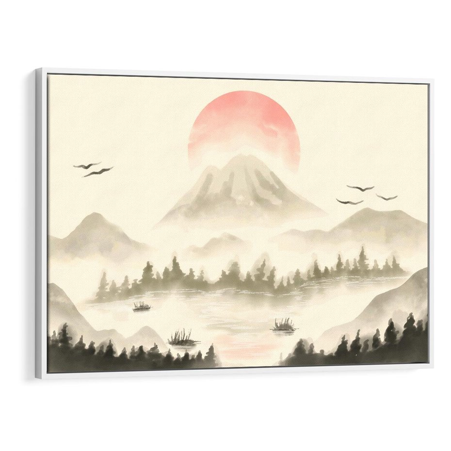 Obraz w ramie 70x50 - Przyroda Japonii - japońska akwarela, góry - rama biała
