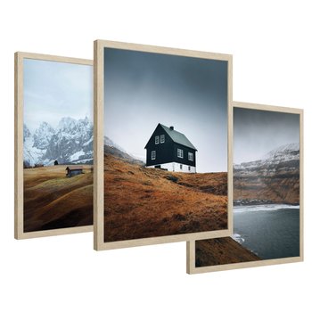 Zestaw obrazy w ramie 50x70 galeria - Skandynawski, domki, góry, widok - rama drewno