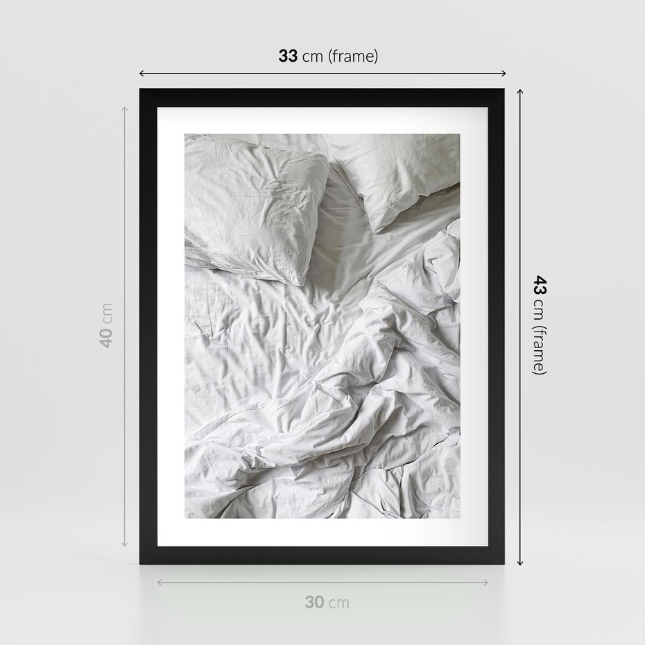 Plakat w ramie 30x40 - Biała Pościel na Łóżku - biała pościel, łóżko - rama czarna