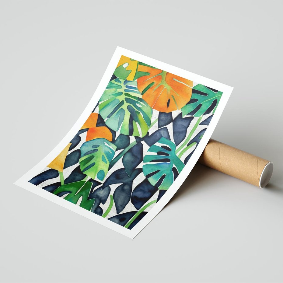 Plakat bez ramy 21x30 - Tropikalne Pragnienia - akwarela, liście tropikalne