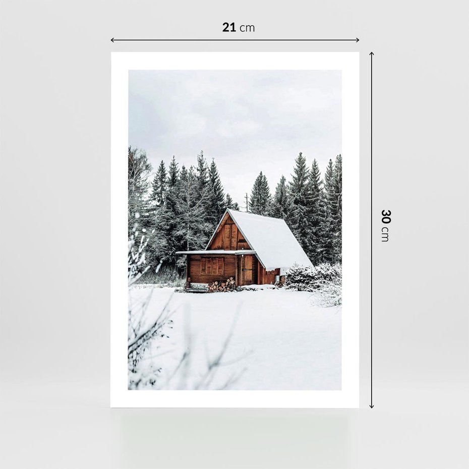 Plakat bez ramy 21x30 - Ujęcie zimy w Górach - domek w górach w zimie, śnieg
