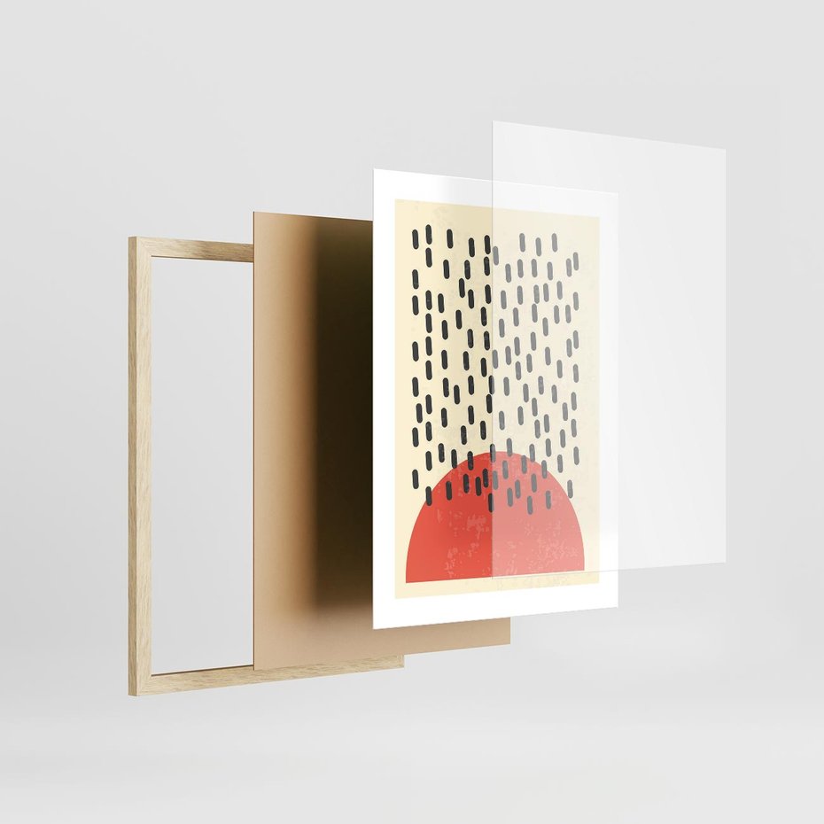 Plakat w ramie 30x40 - Czerwona Abstrakcja: Grafika z Wyrazistym Kołem - abstrakcja grafika, czerwone koło - rama drewno