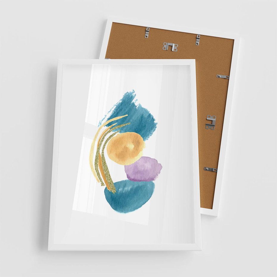 Plakat w ramie 50x70 - Migocące Barwy Akwarel - akwarelowe plamy w odcieniach błękitu, złote kreski - rama biała